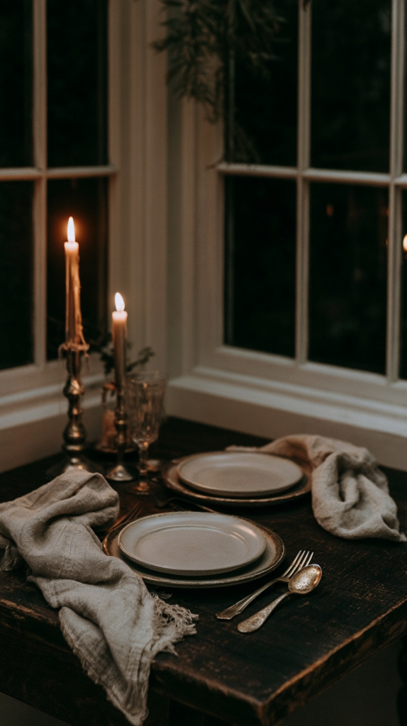 Romantic candlelit dinner table by window with rustic vintage plates, brass cutlery, linen napkins, and tall candlesticks