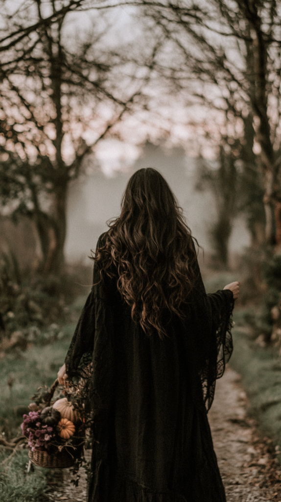 samhainwalk Woman in black dress with long hair walks a misty autumn forest path, carrying a basket of pumpkins and flowers at dusk.