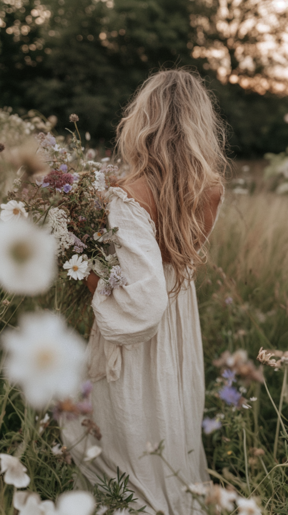 summer Woman in flowy white dress holding wildflowers in a meadow at sunset, romantic boho summer scene
