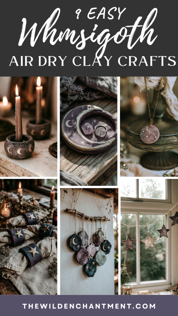 9 easy Whimsigoth air dry clay crafts collage—moon and star dishes, candle holders, pendants, garlands—DIY decor