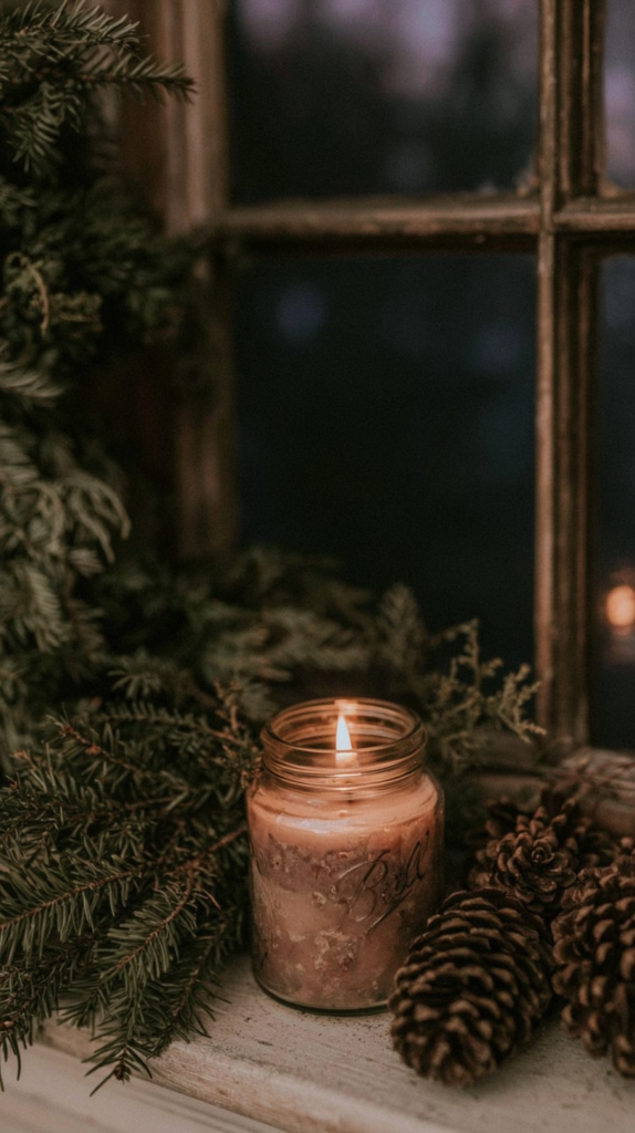 wintersolstice1 Cozy winter decor: lit mason jar candle on rustic windowsill with pine branches and pinecones at dusk