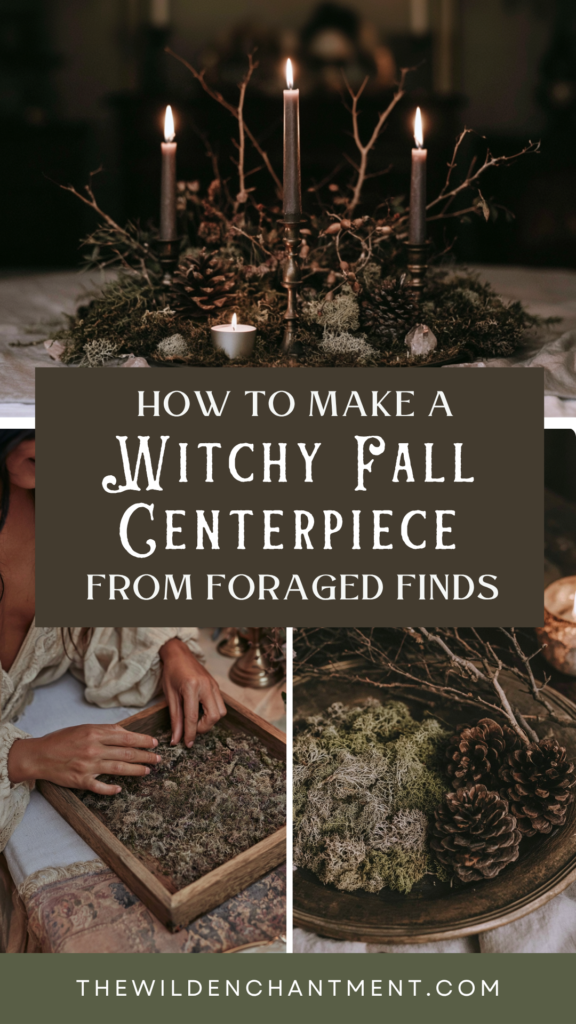 witchy-fall-centerpiece-ideas DIY witchy fall centerpiece with candles, moss, pinecones and branches—tutorial using foraged finds.