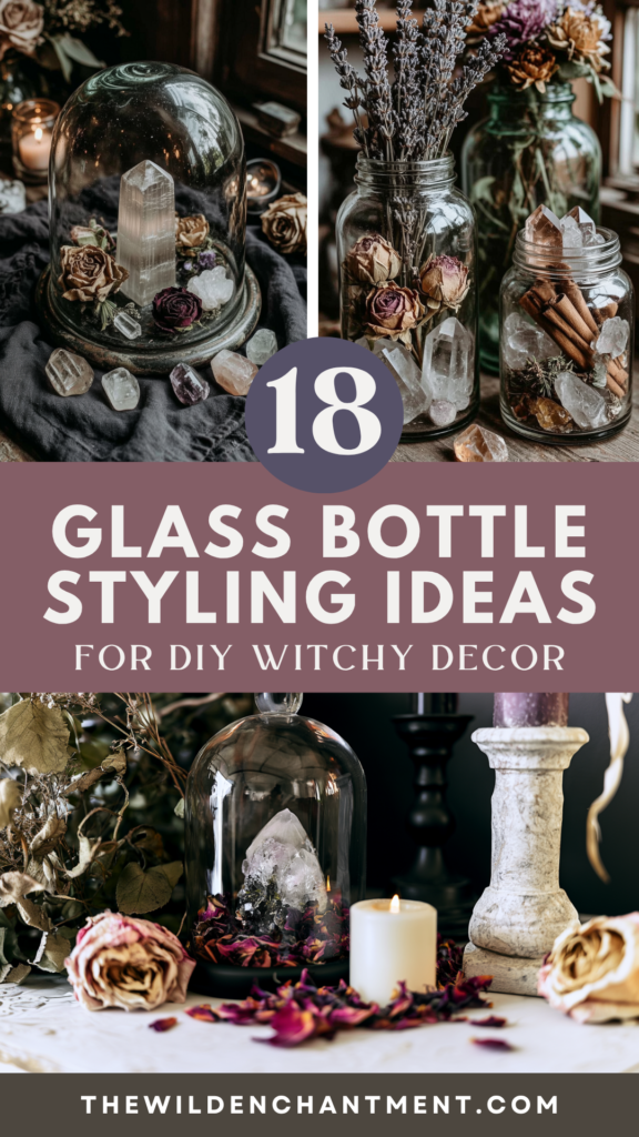 witchy-glass-bottle-jar-decor-ideas2 18 glass bottle styling ideas for DIY witchy decor with jars of crystals, dried flowers, candles, and apothecary vibes