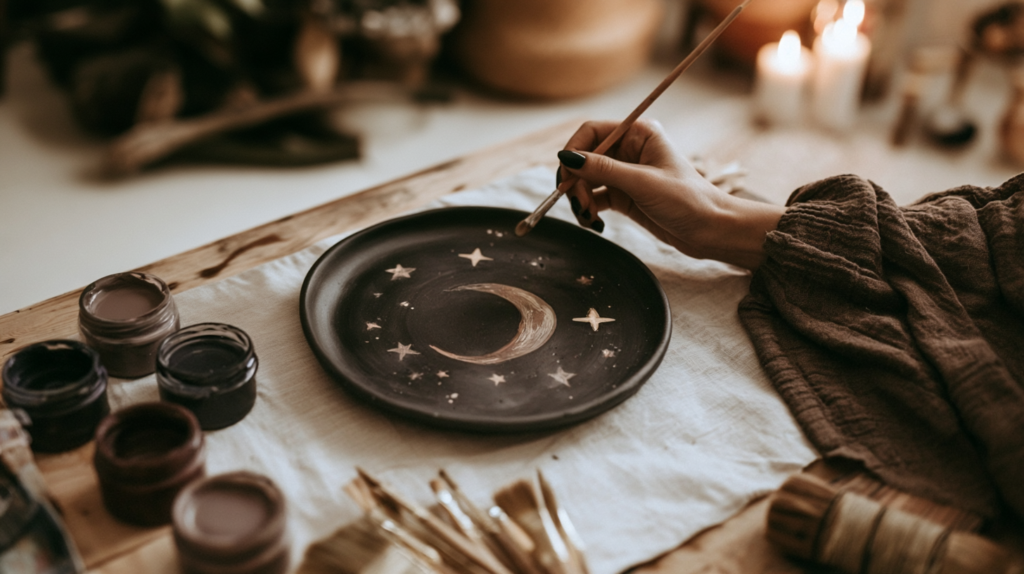 Artist painting crescent moon and stars on black ceramic plate, handmade pottery with brushes and paint jars on rustic table