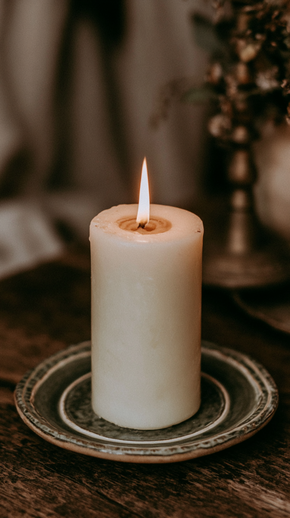 witchy-pottery-painting-ideas-candle-plate White pillar candle burning on ceramic saucer, rustic wooden table, cozy home decor ambiance, warm moody lighting.