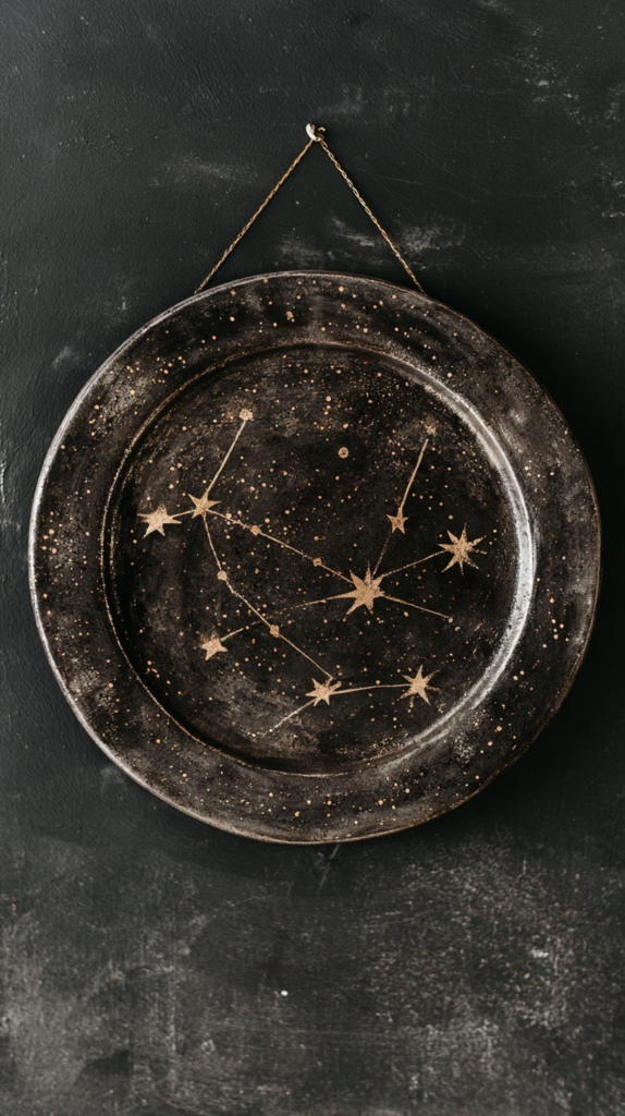 witchy-pottery-painting-ideas-constellation-plate Black ceramic plate with gold constellation star map, celestial zodiac wall art hanging on dark background