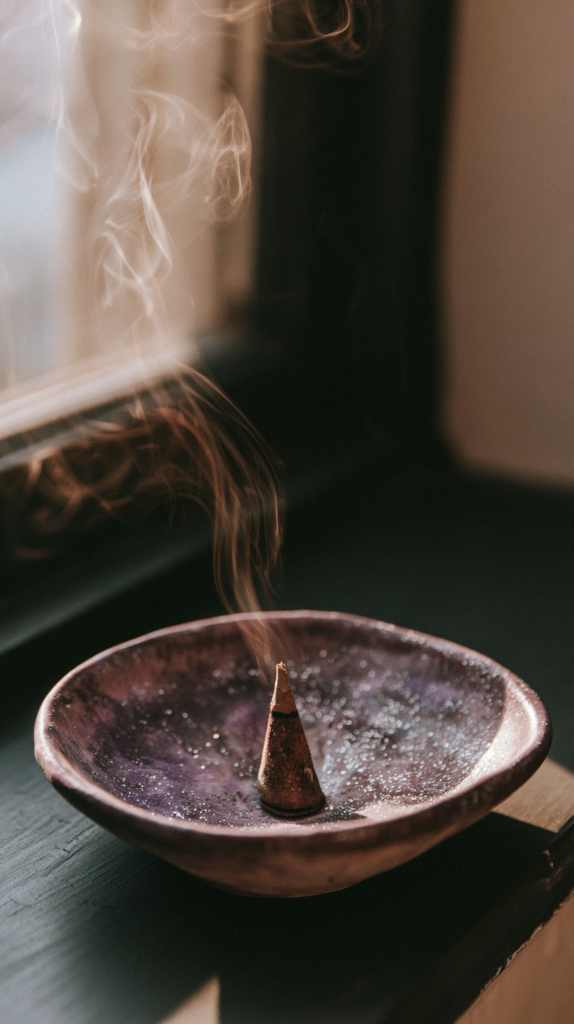 witchy-pottery-painting-ideas-incense-holder Burning incense cone in purple ceramic burner by window, smoke curling for calming aromatherapy and relaxation.