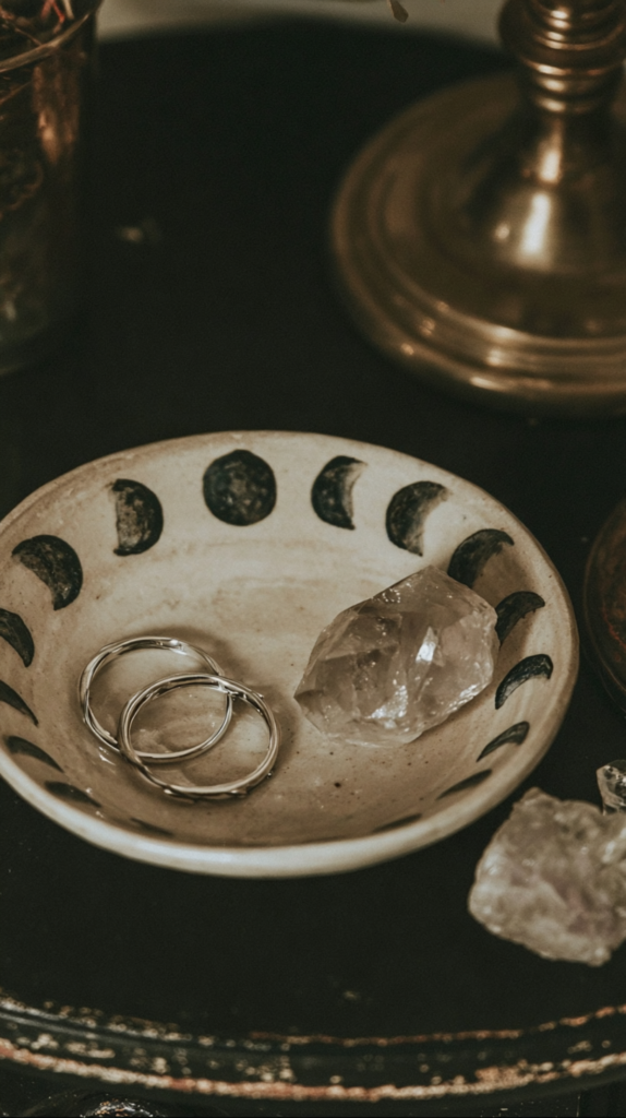 witchy-pottery-painting-ideas-jewelry Moon phase ceramic ring dish with silver bands and clear quartz crystal on dark vintage table.