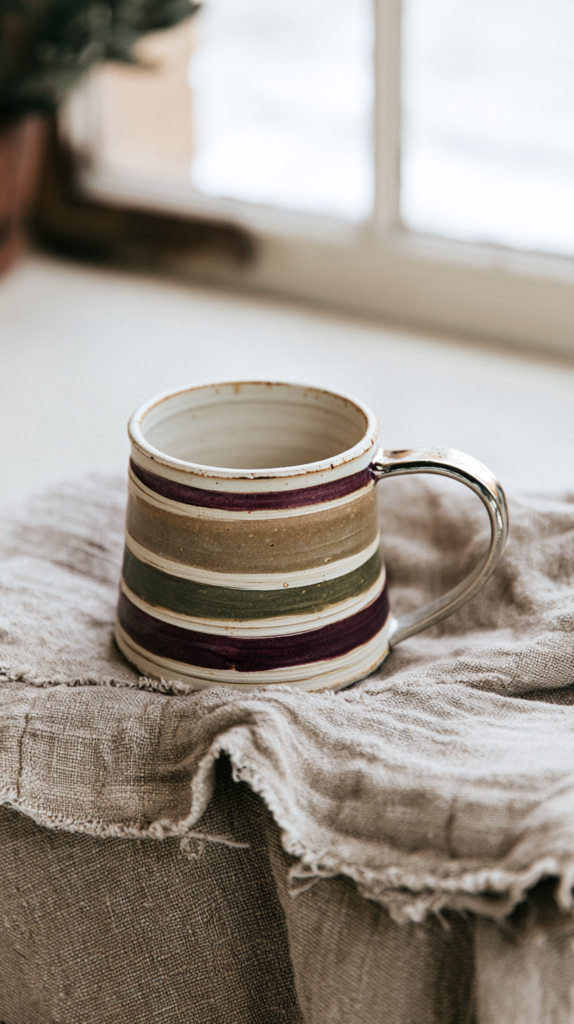 witchy-pottery-painting-ideas-mug Handmade striped ceramic coffee mug on rustic linen by a window, cozy home decor, stoneware cup
