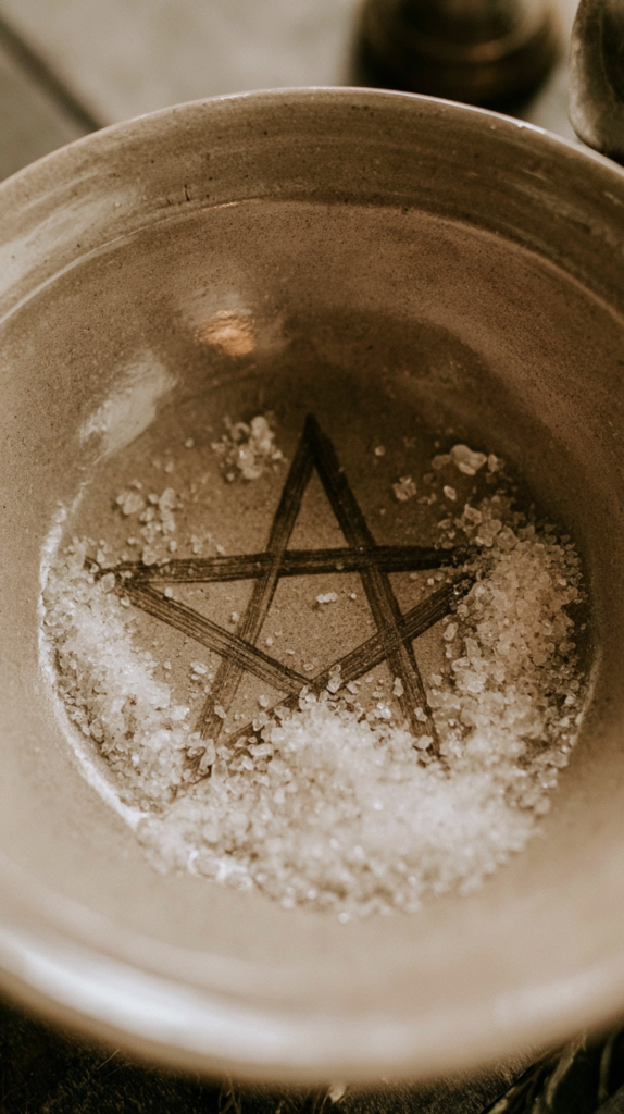 witchy-pottery-painting-ideas-sigil-bowl Pentagram in ceramic ritual bowl with coarse sea salt — Wiccan protection spell, witchcraft altar decor