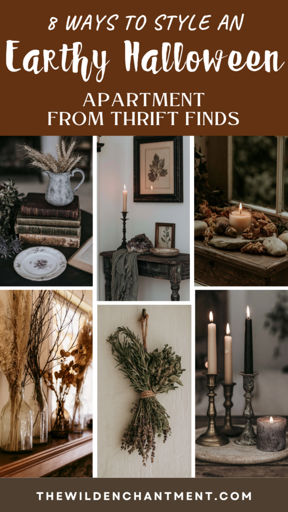 Earthy Halloween apartment decor from thrift finds—dried florals, candles, vintage books, neutral rustic fall style.