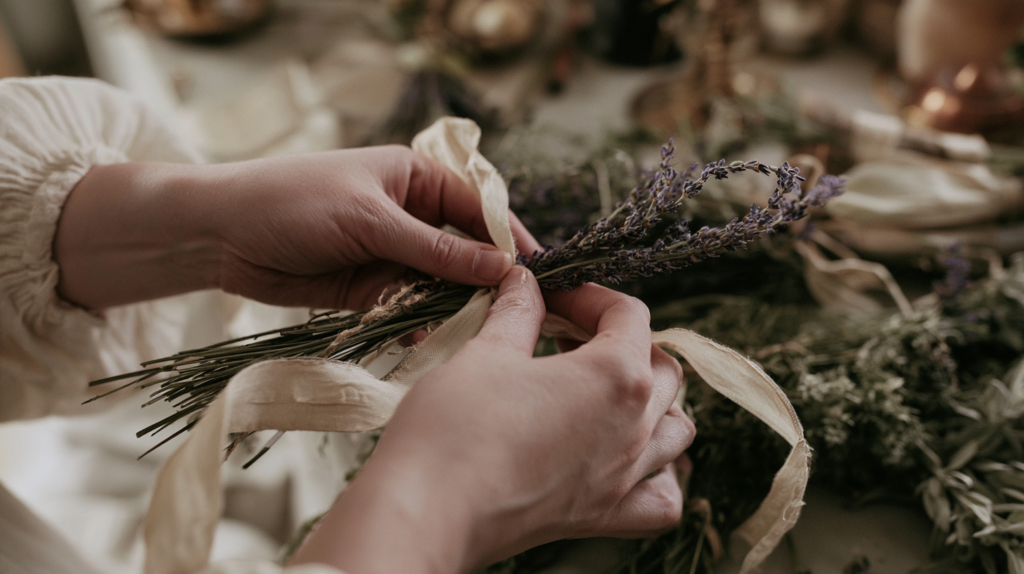 Hands tying a lavender bundle with ribbon on a rustic table of dried herbs, DIY floral craft.