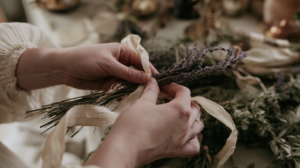 Hands tying a lavender bundle with ribbon on a rustic table of dried herbs, DIY floral craft.