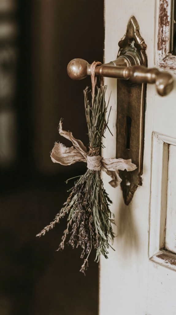 Vintage brass door handle with dried lavender and rosemary bundle tied with linen ribbon on rustic white door