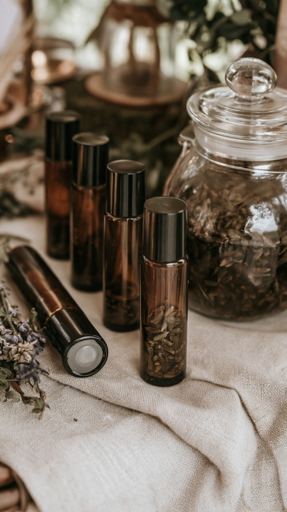 Amber roll-on essential oil bottles with herbal infusions beside jar of dried botanicals on linen apothecary setup.