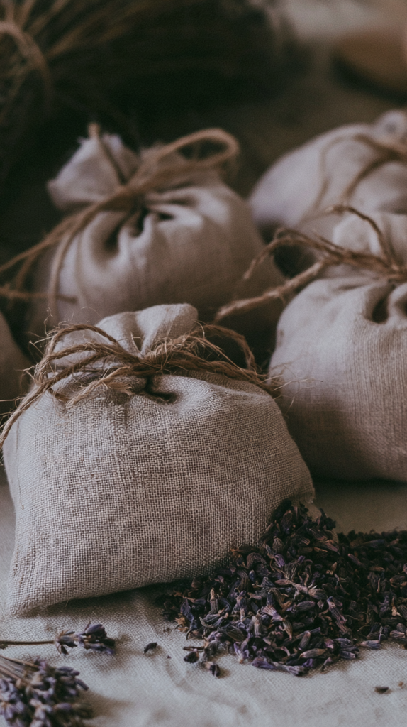 Handmade natural linen lavender sachets with dried buds, rustic aromatherapy bags for drawers and closets.