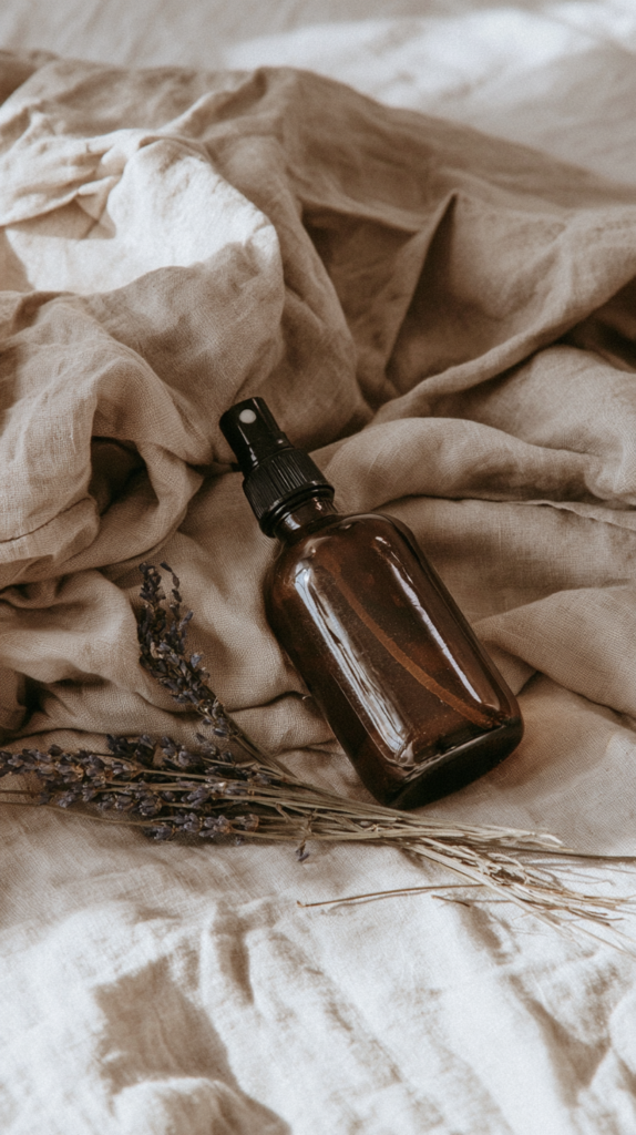 Amber glass spray bottle with dried lavender on neutral linen sheets, natural aromatherapy room or linen spray.