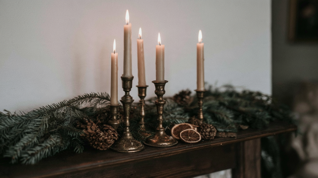 Rustic Christmas mantel with lit brass candlesticks, evergreen garland, pinecones and dried orange slices.