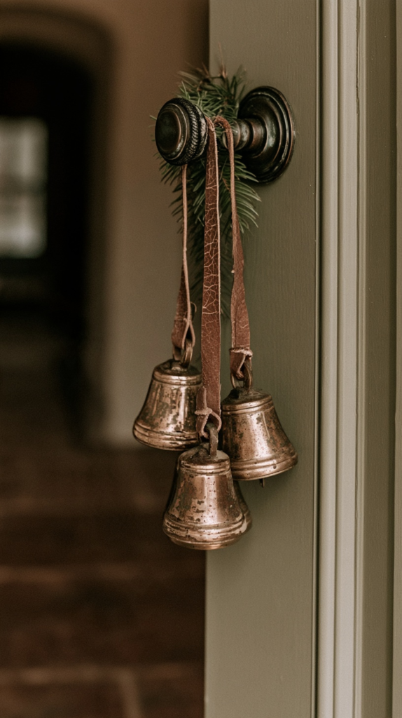 Vintage brass bells on leather straps hang from a front door knob with greenery, rustic Christmas entryway decor.