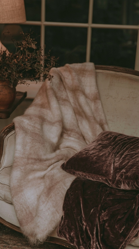 Cozy vintage armchair with beige mohair throw and plum velvet pillows by window, warm lamp and dried greenery, living room