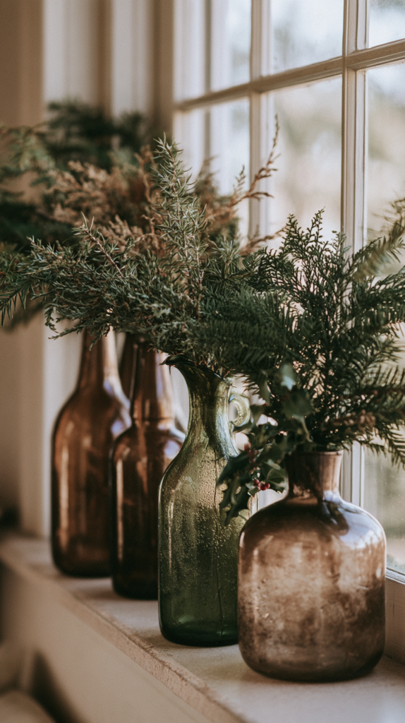 Rustic amber and green glass vases with evergreen branches on a bright windowsill, cozy winter holiday decor