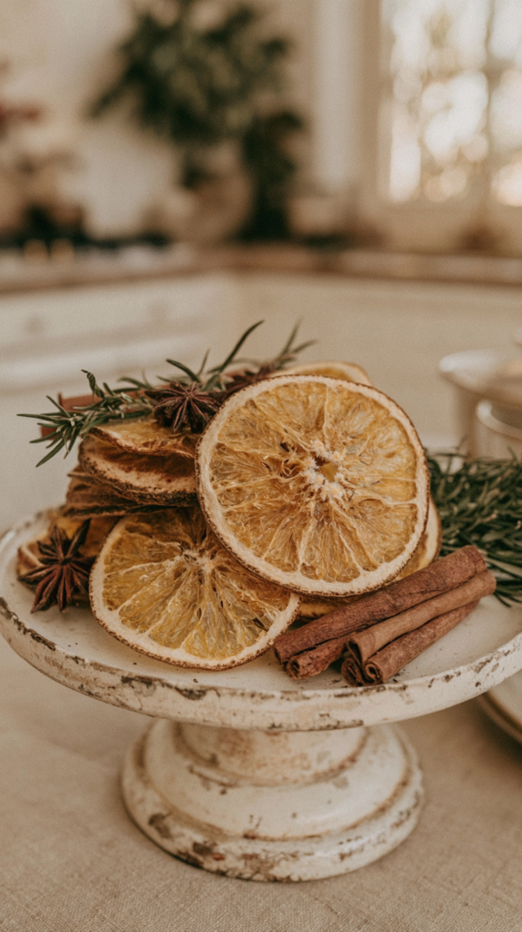 Dried orange slices with cinnamon sticks, star anise and rosemary on a rustic cake stand in a cozy kitchen.