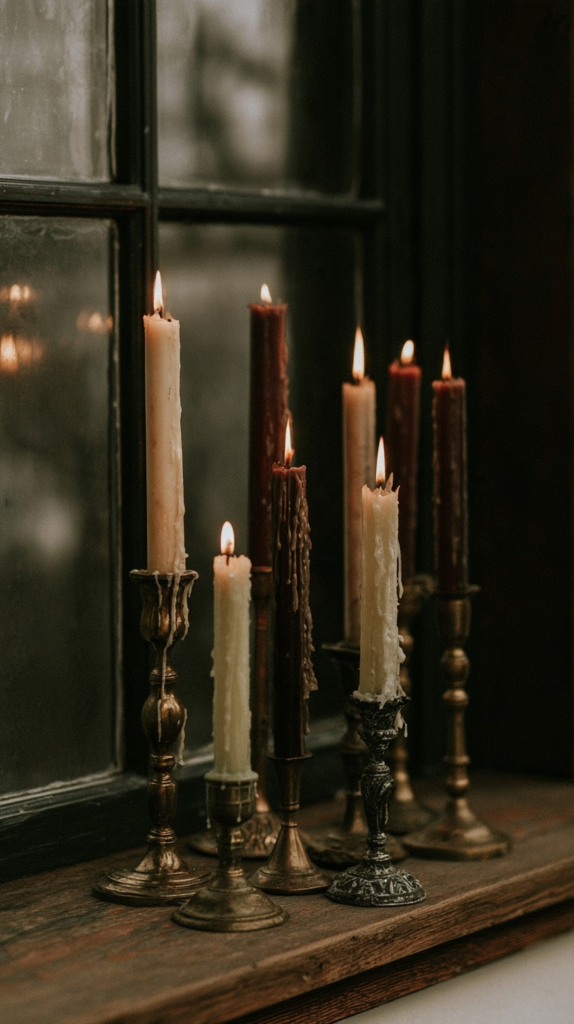 Vintage brass candlesticks with lit taper candles and dripping wax on rustic windowsill, moody gothic cozy ambiance.