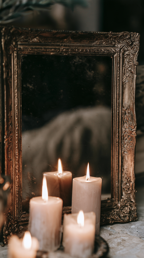 Antique ornate mirror with lit pillar candles, warm cozy ambiance for rustic home decor and relaxation.