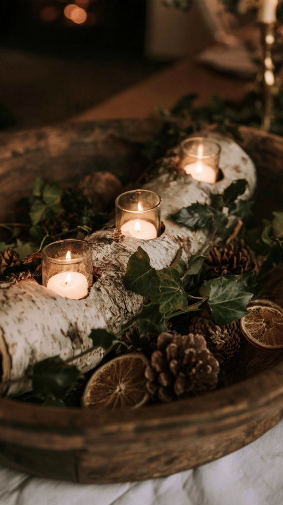 Rustic birch log candle centerpiece with tea lights, ivy, pinecones and dried oranges in wooden bowl, cozy winter decor