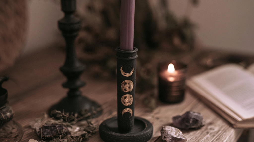 Purple taper in moon phase holder on rustic altar with lit candle, amethyst crystals, herbs, and open book - witchy decor