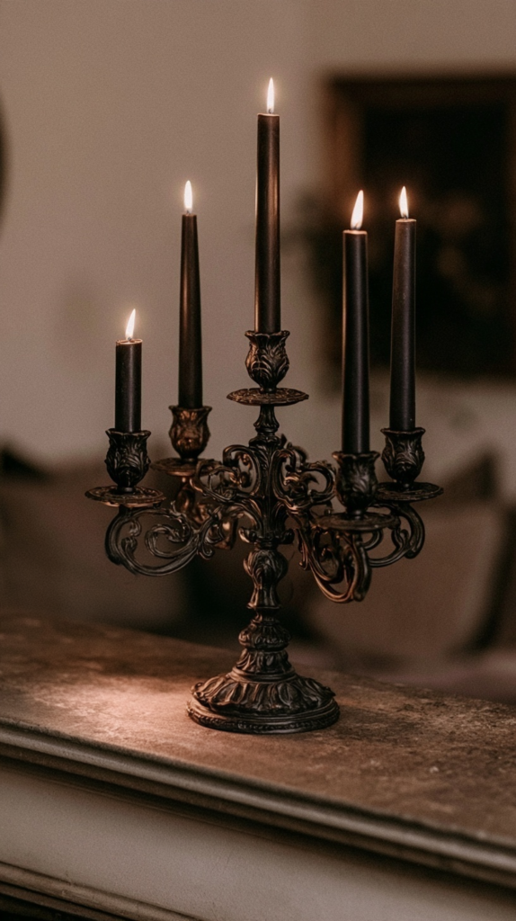 witchy-candle-flips-candleabra Antique brass ornate candelabra with five lit black taper candles on mantel, moody gothic home decor
