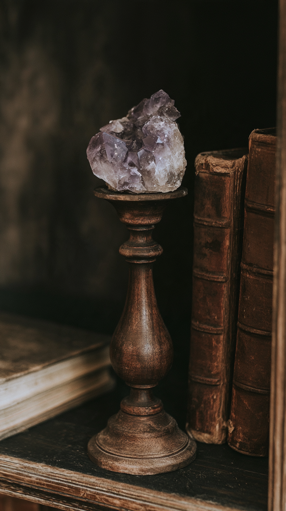 witchy-candle-flips-crystal Amethyst crystal on wooden pedestal beside antique leather-bound books on a rustic bookshelf, vintage home decor.