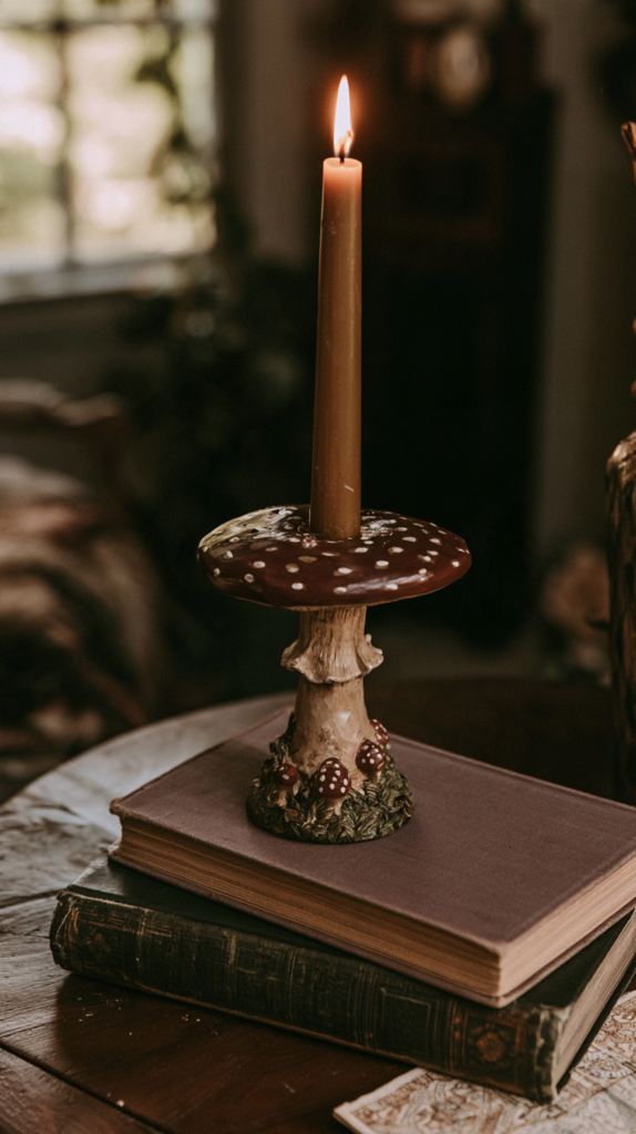 witchy-candle-flips-mushroom Lit taper candle in whimsical mushroom holder on stacked vintage books, cozy cottagecore decor by window.