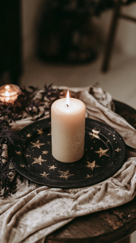 witchy-candle-flips-plate Lit pillar candle on black plate with gold star pattern, velvet throw, rustic table, cozy autumn home decor ambiance