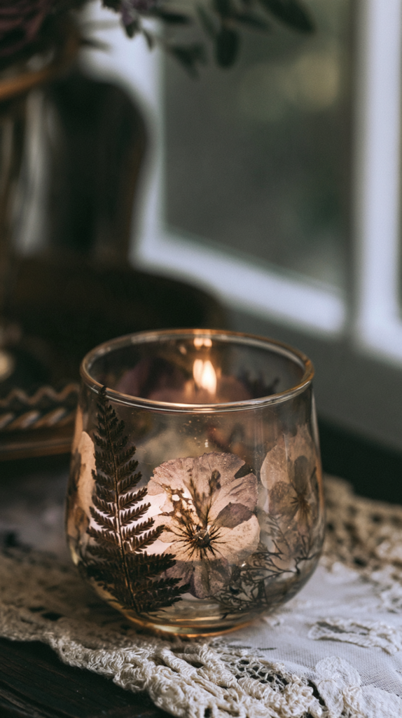 witchy-candle-flips-pressed-flowers Botanical pressed-flower glass votive candle on lace doily by window, cozy rustic home decor.