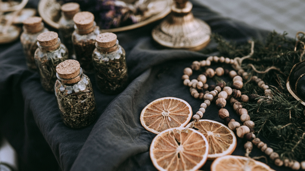 Rustic apothecary scene with glass jars of dried herbs, dried orange slices, wooden bead garland, and greenery on dark cloth