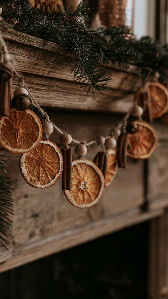 yule-dollar-store-crafts-garland DIY rustic Christmas mantel garland with dried orange slices, cinnamon sticks and beads, farmhouse holiday decor.