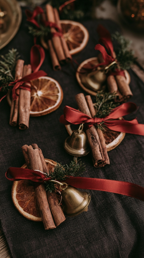 yule-dollar-store-crafts-orange-slice-bundles Christmas DIY natural decor with cinnamon sticks, dried orange slices, red ribbon, evergreen and brass bells on dark linen.