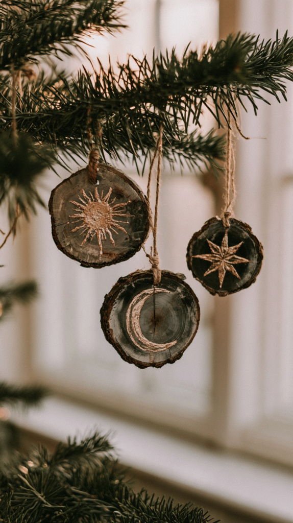 yule-dollar-store-crafts-ornaments Rustic handmade wood slice ornaments with sun, moon and star designs hanging on a Christmas tree branch indoors