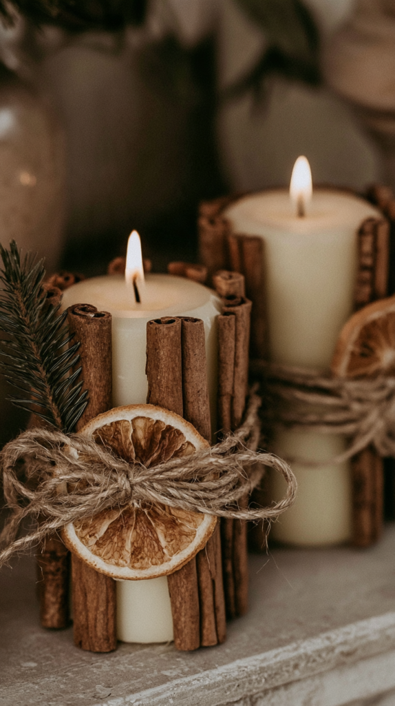 yule-dollar-store-crafts-pillar-candles Rustic holiday DIY candles wrapped in cinnamon sticks with dried orange, twine and pine; cozy Christmas decor