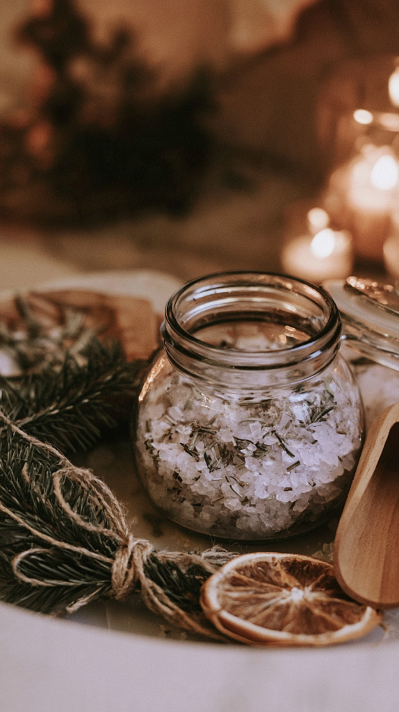 yule-dollar-store-crafts-salt-bath Glass jar of rosemary bath salts with dried orange slices and wooden scoop on rustic spa table lit by candles.