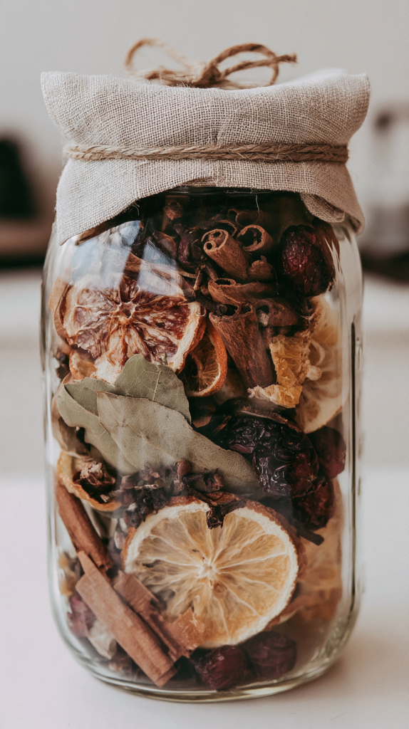 yule-dollar-store-crafts-simmer-jar Rustic mason jar of dried orange slices, cinnamon sticks, bay leaves and berries, DIY potpourri holiday decor.