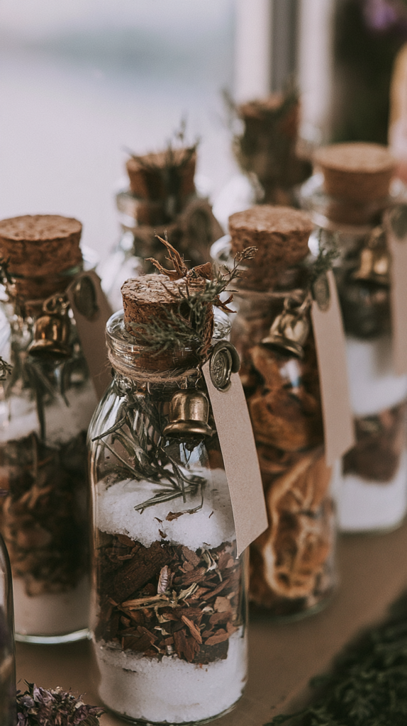 yule-dollar-store-crafts-spell-jars Rustic apothecary jars with cork lids filled with bath salts and dried herbs, twine tags and tiny bells—DIY wedding favors