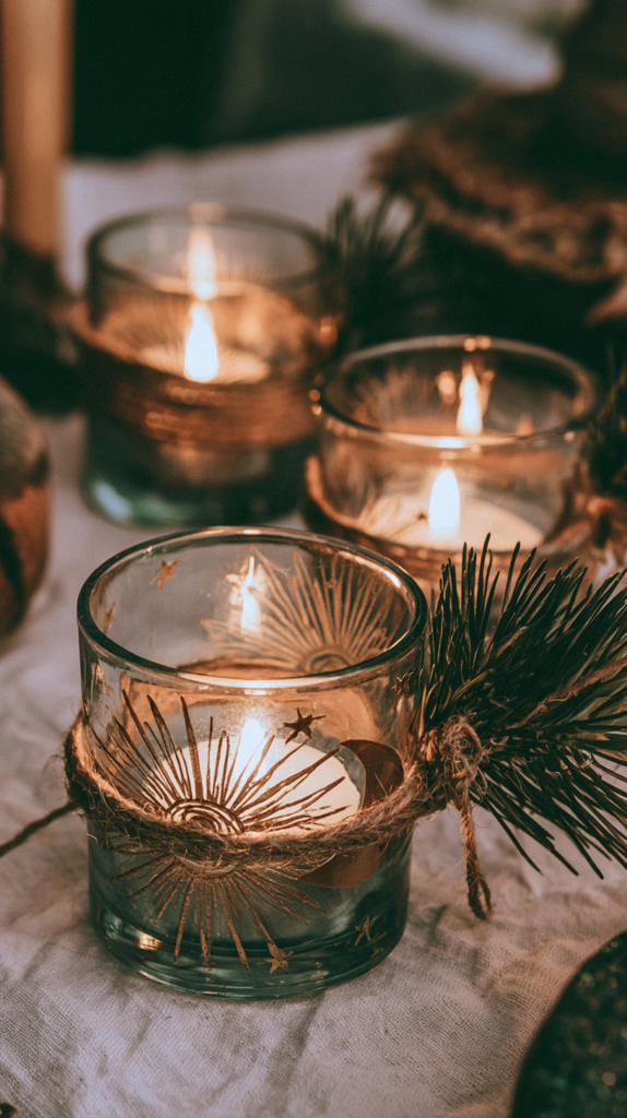 yule-dollar-store-crafts-votives Cozy Christmas votive candles in starry glass, wrapped with twine and pine sprigs, warm rustic table decor